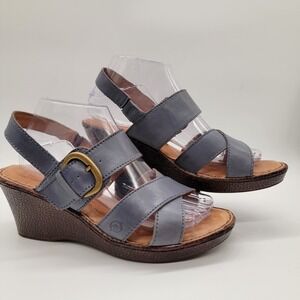 Børn Blue Leather Women's Wedge Comfort Sandal Casual Strappy Buckle Size 9